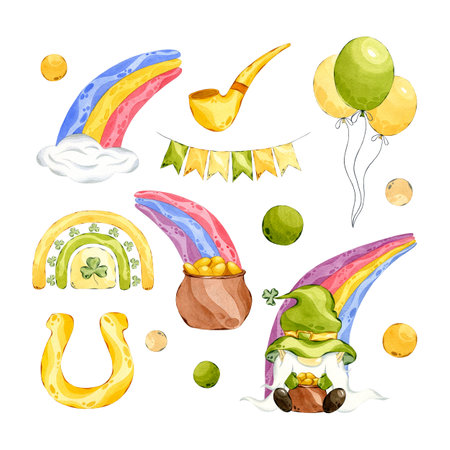 St Patricks day clipart. Watercolor gnome design set. Hand drawn illustration of leprechaun party isolated on white background.の写真素材