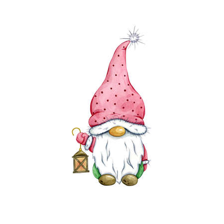 Watercolor cute gnome with night light. nordic christmas motive, isolated on white background, hand drawn illustration of christmas gnome.の写真素材