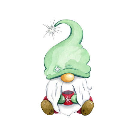Watercolor scandinavian folklore elf, nordic christmas motive, isolated on white background, hand drawn illustration, christmas gnome with mug.の写真素材
