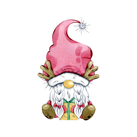 Watercolor scandinavian gnome with red hat. Winter christmas cartoon character for postcard. Hand drawn christmas gnome with present.の写真素材
