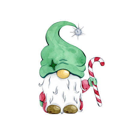 Watercolor Christmas gnome. Cute Cartoon Gnome. Hand painted scandinavian folklore elf, nordic christmas motive.の写真素材