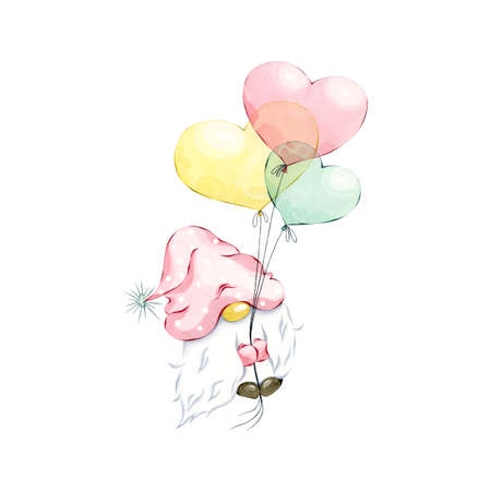 Watercolor Cute Sweet Pink Gnome Valentine flying with heart balloons, cartoon doodle illustration, Gnome in Love on air.の写真素材