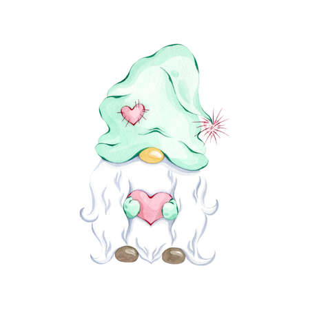 Watercolor Valentine Gnome. Cute Love Gnome. Valentines Decorative Illustration. Cartoon doodle illustration.の写真素材