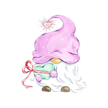 Watercolor Cute Scandinavian gnome with heart gift. Love themed gnome illustration. Trendy muted pastel colors. Cartoon doodle illustration.の写真素材