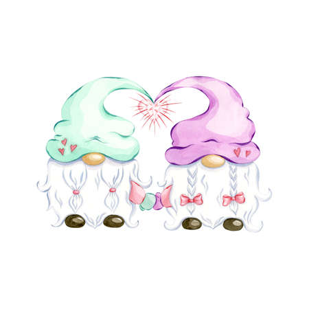 Watercolor cute gnomes. Happy Valentines day nordic elves. Gnomes in love is perfect illustration for postcards, greeting cards.の写真素材