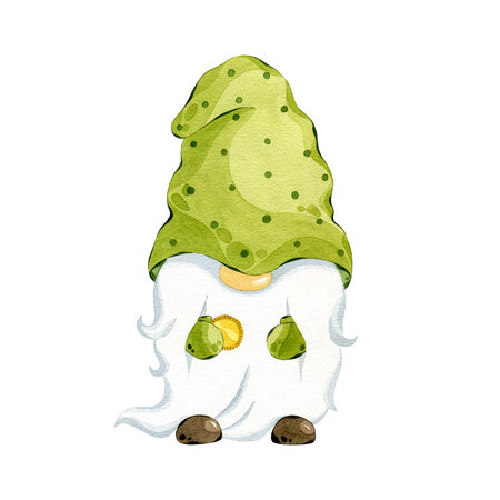 St Patricks day leprechaun with gold coin. Watercolor gnome clipart. Hand drawn illustration of leprechaun isolated on white.の写真素材