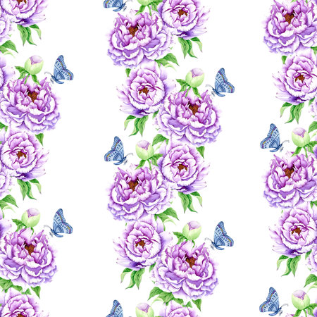 Seamless spring pattern with purple peony flower. Vintage wallpaper with flowers iand butterflies..の写真素材