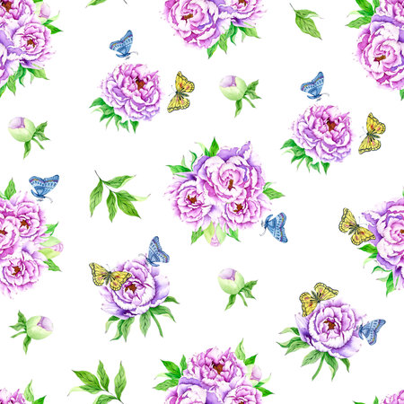 Seamless spring pattern with peony flower and butterflies. Vintage wallpaper with flowers in purple colors.の写真素材