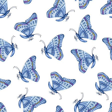 Seamless spring pattern with watercolor butterflies. Vintage wallpaper with flowers in blue colors.の写真素材