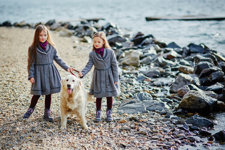 Two little twin sisters on a walk with dog on the beach.の写真素材