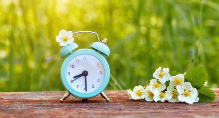Alarm clock with wild strawberry flowers on a wooden table on a background of grass. The concept of...