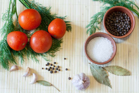 Cucumbers tomatoes and spicesの写真素材