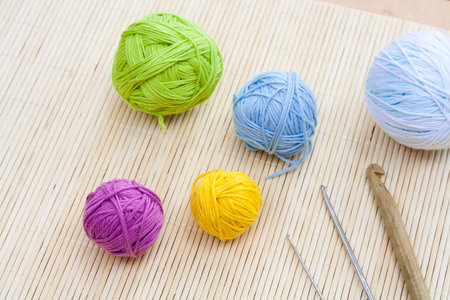 Color woolen clews for knitting close-up, selective focusの写真素材