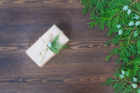 Christmas Gift, nuts, cones and green arborvitae branch on a wooden tableの写真素材