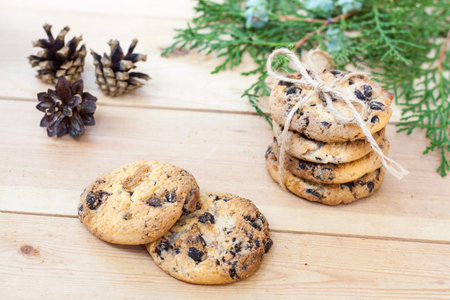 Homemade Christmas cookies with chocolate, nuts, cones, cinnamon and green arborvitae branch on a...