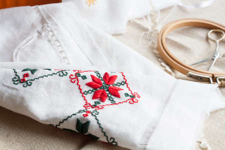 Openwork embroidery, incomplete work in progress and tools for embroideryの写真素材