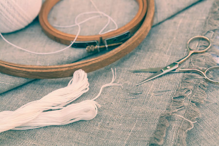 Set for embroidery, embroidery hoop and embroidery thread. Coloring and processing photos in vintage...