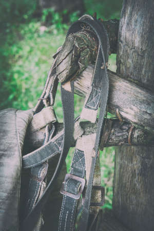 Old harness for horses on the old fence pasture for cattle outside the village. Filter applied in post-production - imitation of the classic cameras film.の写真素材