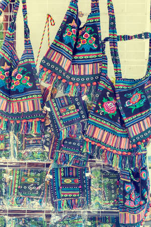 Many Ukrainian souvenirs women's handbags at the fair near Chyhyryn (Kholodnyi Yar (Cold Ravine), Maxim Zaliznyak`s oak) Toned and processing photos with soft selective focusの写真素材