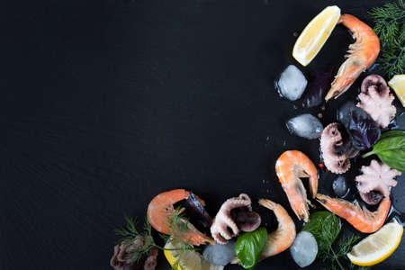 Preparing fresh seafood in the kitchen with gourmet pink shrimp and octopuses surrounded by ice, fresh herbs and spices on black stone backgroundの写真素材