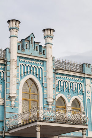Blue palace, architectural details with elements of classicism and modern style. Ukraine, Cherkasy famous landmark.のeditorial素材