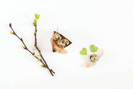Easter holiday attributes sets. Quail eggs, green woolen crochet hearts, feathers, cherry and apricot branches on white background. Easter holiday eco concept.の写真素材