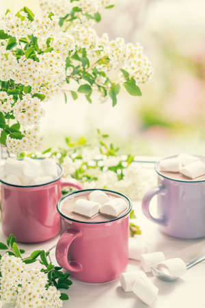 Hot cocoa with marshmallows in pink cups and fresh spring white flowers on the windowsill. Cozy home concept. Shallow depth of field.の写真素材