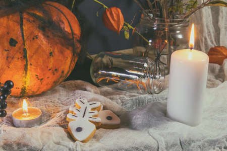 Halloween home decorations with candles, spiders, pumpkin, cookies and jar for  treat and black berries. Dark background. Shallow depth of field. Tonedの写真素材