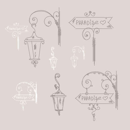 Hand drawn doodle street signs, sketch isolated vector illustration, hand drawn signs, street lamp, set of elementsのイラスト素材