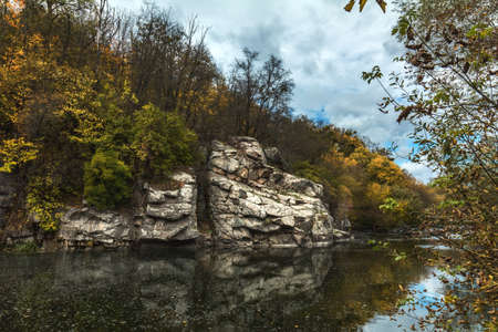 Terrific view of the River Canyon on a sunny fall dayTerrific view of the River Canyon on a cloudy fall day. Buky Canyon on the Hirs'kyi Tikych river in Ukraineの写真素材