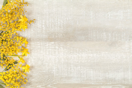 Mimosa and yellow daffodils on a light wooden surface. Yellow orange flowers concept, top view, copy space,  in yellow tones on a wooden surfaceの写真素材