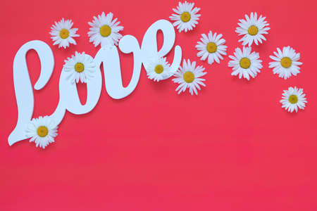 White letters forming word LOVE written with chamomile flowers on pink background. St. Valentine's Day, wedding holiday concept.の写真素材