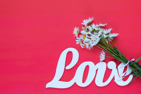 White letters forming word LOVE written with chamomile flowers on pink background. St. Valentine's Day, wedding holiday concept.の写真素材