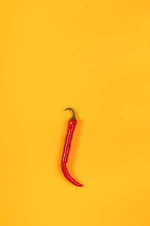 Red hot chili pepper on yellow surface. Beautiful minimalist food art background. Top view, copy space.の写真素材