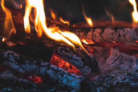 Charred wood in the fire. Burning wood in bright flames in the dark, close up. Toned dark fire...
