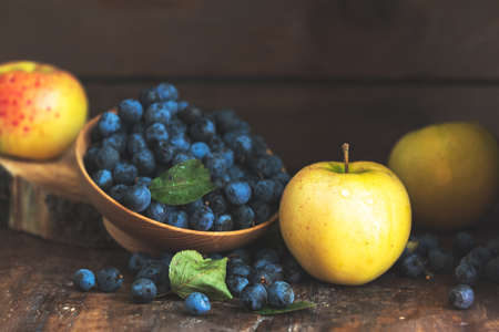 Autumn harvest blue sloe berries on a wooden table background. Copy space. Dark rustic style. Natural remedyの写真素材
