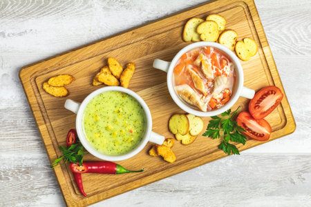 Concept of healthy vegetable and legume soups. Vegetables soup with carrot, eggs and chicken,...