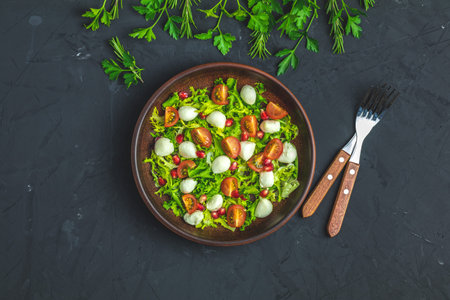 Fresh Cherry Tomato, Mozzarella salad with green lettuce mix served on a brown ceramic plate,...