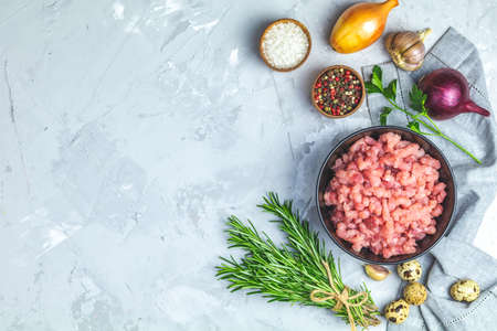 Homemade minced meat in a black bowl over light gray slate or stone or concrete background with ingredients for making. Top view with copy space.の写真素材