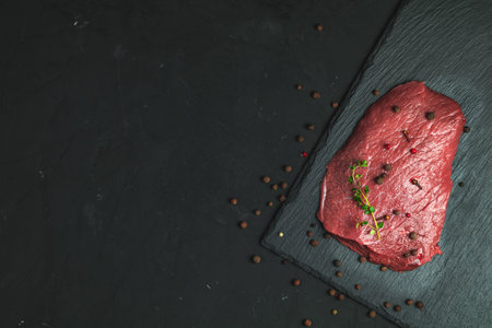 Fresh raw meat beef steak with ingredients for cooking spices, thyme on dark background, top view,...