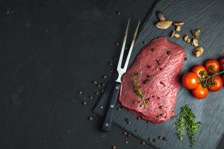 Fresh raw meat beef steak with ingredients for cooking spices, thyme, tomatoes and mushrooms on dark...
