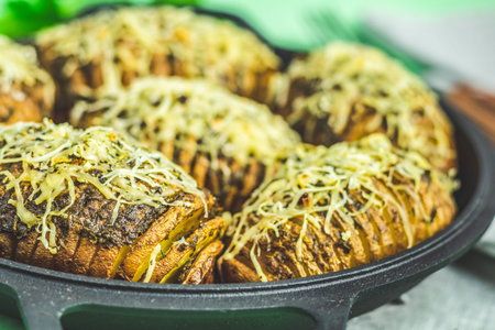 Delicious baked potatoes in black frying pan with pesto sauce, green onion, and cheese. Dish for...