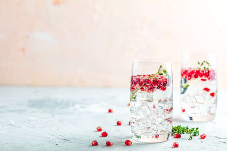 Festive drinks, gin and tonic pomegranate cocktail or detox water with ice. Selective focus, copy space for text, light gray concrete table surface.の写真素材