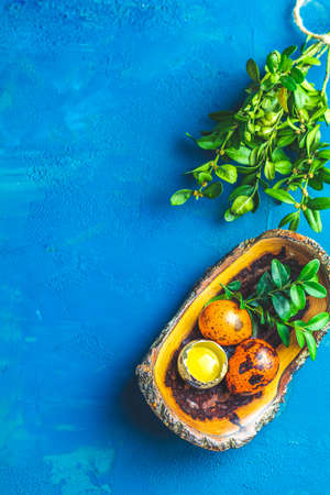 Easter concept with colored yellow orange eggs with quail eggs and green branches in wooden plate over blue concrete surface background. Copy space, top view.の写真素材