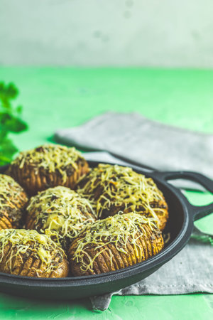 Delicious portion baked potatoes in black frying pan with pesto sauce, green onion, and cheese. Dish...
