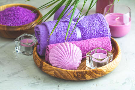 Spa composition with violet color, space for text. Natural cosmetics and wellness concept.の写真素材