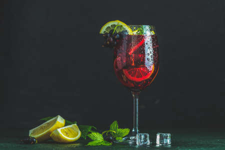 Cold red cocktail with blackcurrant, lemon, mint and ice in tall glass on black background. Summer drinks and alcoholic cocktails. Alcoholic cocktail Blackcurrant mojitoの写真素材