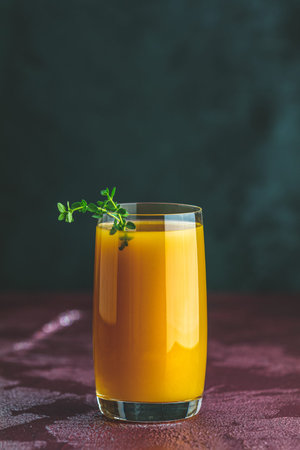 Glass of fresh healthy peach smoothie or juice on dark concrete surface table. Shallow depth of the field, close up, copy space for you textの写真素材