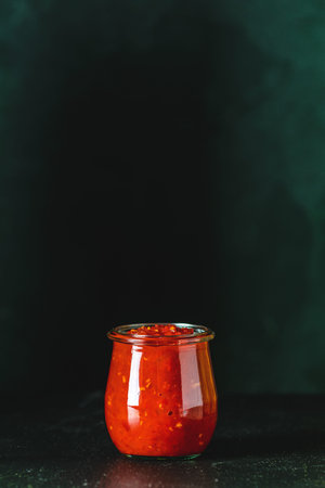 Homemade DIY natural canned hot tomato sauce chutney with chilli or adjika in glass jar standing on...