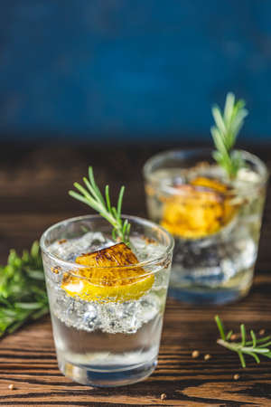Charred Lemon, Rosemary and Coriander Gin and Tonic is a flavors are perfectly balanced refreshing cocktail. on dark background, close up. Summer drinks and alcoholic or detox cocktailの写真素材